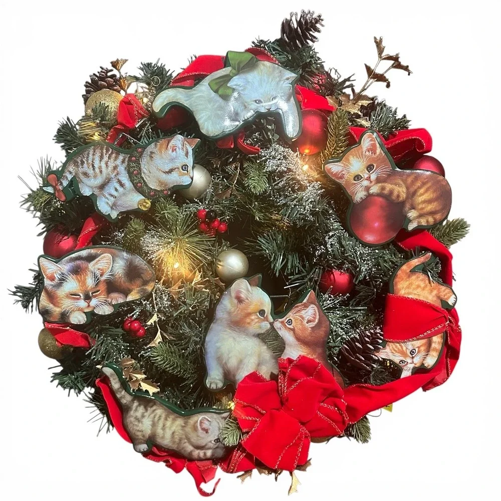 Bradford Exchange Merry Mischief Makers Cat Kitten Light-Up Christmas Wreath EUC
